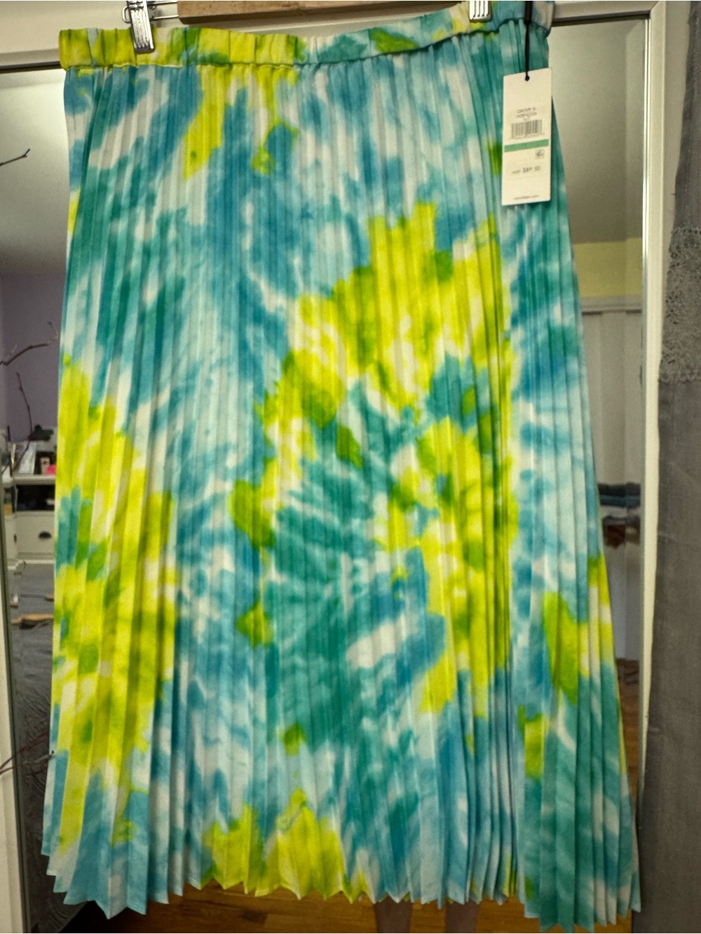 Calvin Klein Pleated Tie-Dye Midi Skirt in Blue & Yellow